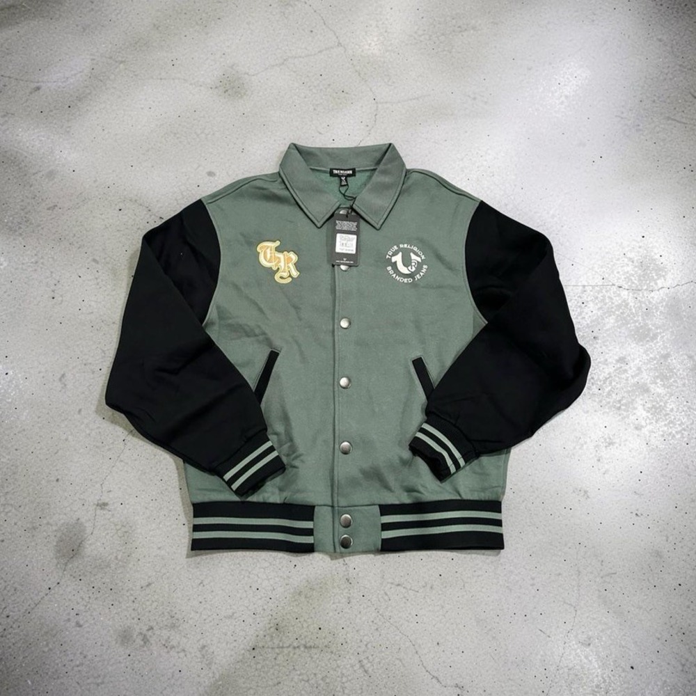 True Religion Collared Patch Fleece Varsity Jacket Bottle Green/Black Men Large